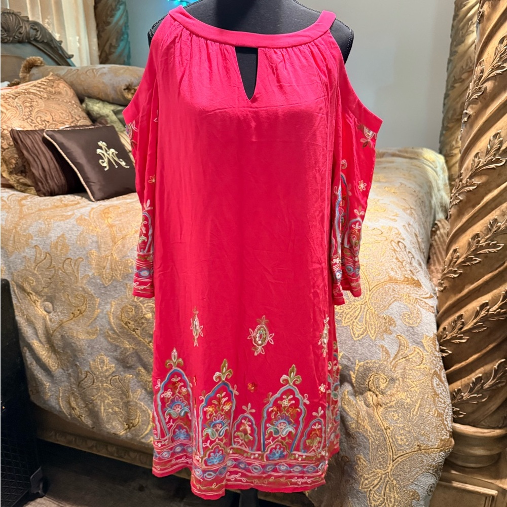 Versona Hot Pink Cold-Shoulder Embroidered Dress